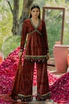 Buy_Pooja-Keyur_Brown Velvet Embroidered Aari V Neck Short Kurta And Pant Set  _at_Aza_Fashions