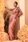 Buy_Adi By Aditya Khandelwl_Pink Blouse Net Embroidery Crystals Round Pre-stitched Ruffle Draped Saree Set _at_Aza_Fashions