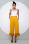 Buy_Pocketful Of Cherrie_Yellow Crepe Plain Pleated Cropped Culottes  _at_Aza_Fashions