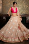 Buy_Priti Sahni_Beige Silk, Georgette, Tulle Sequins, Zari, Floral Embroidered Lehenga Set _at_Aza_Fashions