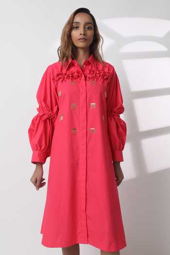 Buy_Studio Moda India_Pink Cotton Embroidery Collared Zephyrus Puff Sleeve Dress _at_Aza_Fashions