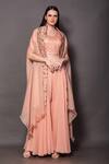 Buy_Vara By Vibha N Priti_Peach Georgette, Organza Beads, Embroidery Round Neck Sharara Set With Cape _at_Aza_Fashions