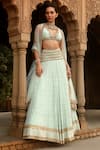 Buy_Dheeru Taneja_Green Crepe Embroidery Pearl Plunge V Neck Qala Bridal Lehenga Set  _at_Aza_Fashions