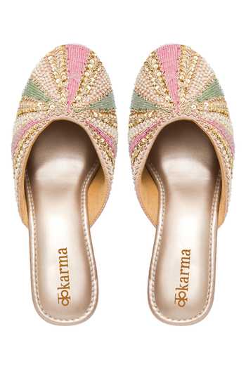 Shop_Kkarma Accessories_Multi Color Embroidery Kiran Block Heel Mules _at_Aza_Fashions