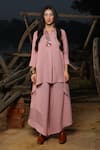 Buy_Enech_Pink Linen Embellished Mirror Work Collared Neck Tunic And Pant Set  _at_Aza_Fashions