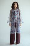 Buy_Kritika Madan Label_Maroon Organza And Crepe Printed Geometric Tie-up Jacket And Pant Set _at_Aza_Fashions