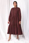 Buy_KHAT_Maroon Poplin Cotton Plain Band Collar Pintucked Bodice And Tiered Dress _at_Aza_Fashions