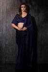 Buy_SHILPI GUPTA_Blue Silk Satin Embroidery V-neck Navy Pre-draped Saree Set _at_Aza_Fashions