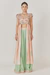 Buy_Anu Pellakuru_Peach Muslin, Silk Sequins, Cut Work V-neck Embellished Top With Flared Pant_at_Aza_Fashions