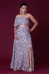 Buy_Amani_Grey Crepe Silk Print Floral Asymmetrical Neck Retro Flower Top And Skirt Set _at_Aza_Fashions