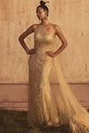 Buy_Shivani Awasty_Beige Net Embroidery Bugle Beads And Sequin One Renne Gown With Trail  _at_Aza_Fashions