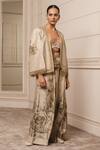 Buy_Tarun Tahiliani_Gold Silk Velvet Printed Floral Pattern Blouse V Jacket And Wide Leg Trouser Set _at_Aza_Fashions