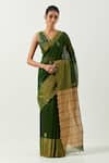 Buy_Label Earthen_Green Chanderi Silk Embroidered V Neck Hina Woven Saree With Blouse _at_Aza_Fashions