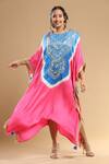 Buy_Etasha by Asha Jain_Blue Gajji Silk Embroidered Bandhani Round Mirror Embellished Pattern Kaftan _at_Aza_Fashions