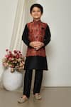 Buy_Petite Pomme_Maroon Brocade, Silk, Faux Leather Mughal Floral Print Jacket Kurta Set _at_Aza_Fashions