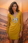 Buy_Amrta By Guneet Kondal_Yellow Cotton, Silk, Viscose Beads, Embroidery V-neck V Short Dress _at_Aza_Fashions