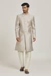 Buy_Adara Khan_Grey Sherwani Art Silk Embroidered Floral Overlap And Contrast Pant Set_at_Aza_Fashions
