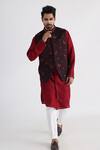 Buy_Smriti by Anju Agarwal_Brown Linen Satin Embroidered Red Thread Leaf Nehru Jacket _at_Aza_Fashions
