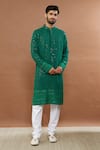 Buy_Aham-Vayam_Green Cotton Sequins Mughal Embroidered Kurta And Churidar Set _at_Aza_Fashions