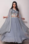 Buy_Vara by Vibha n Priti_Blue Chiffon And Organza Hand Embroidery Floral V Neck Pleated Lehenga Blouse Set _at_Aza_Fashions