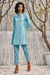 Buy_Charkhee_Blue Kurta Chanderi Hand Embroidered And Embellished Crochet Patch & Pant Set_at_Aza_Fashions