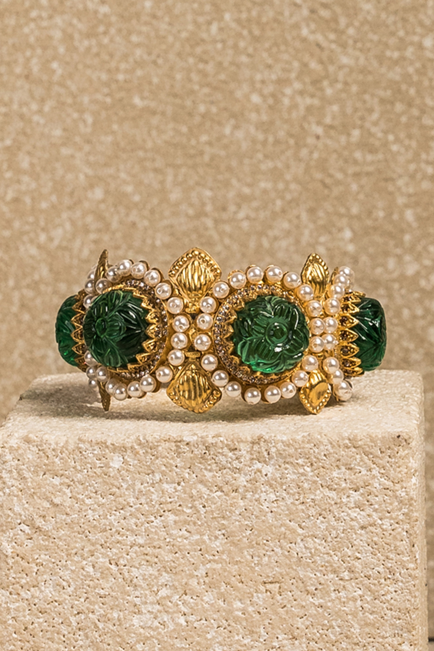 Shop_Tarun Tahiliani_Emerald Green Fresh Water Pearls Carved Cabochon French Kada _at_Aza_Fashions