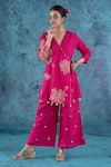 Buy_Kacha Tanka_Pink Cotton Satin Applique Floral V Neck Flower Angarkha Kurta Set _at_Aza_Fashions