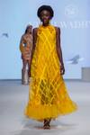 Buy_Vidhi Wadhwani_Yellow Silk Organza Applique Work 3d Geometric Panels High Irene Trapeze Gown _at_Aza_Fashions