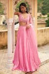 Buy_Zoon_Pink Lehenga Satin Organza Embroidery Crystal Scallop V Neck Placement Set _at_Aza_Fashions