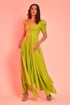 Buy_Labelamoda_Green Cotton Satin Plain V Neck Petal Sleeved Draped Gown For Women_at_Aza_Fashions