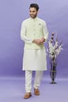 Buy_Aryavir Malhotra_Cream Art Banarasi Silk Embroidered Thread Kurta Set With Bundi _at_Aza_Fashions