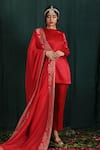 Buy_The Aarya_Red Mashru (exhibits A Face Straight Neck Kurta Cigarette Pant Set _at_Aza_Fashions