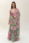 Buy_SANAM_Green Silk Chiffon Floral Bloom Pre-stiched Saree With Cut-out Blouse_at_Aza_Fashions