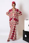 Buy_Pds By Sneha_Red Crepe Split V-neck Abstract Print Shirt And Lungi Skirt Set _at_Aza_Fashions