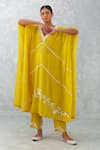 Buy_Devnaagri_Yellow Muslin Embroidered Dori And Thread Work V Neck Flower Kaftan & Pant Set _at_Aza_Fashions