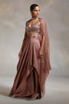 Buy_Divya Aggarwal_Brown Cape Organza Embroidery Beads Blouse Plunge V Debro Skirt Set _at_Aza_Fashions