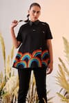 Buy_Shahin Mannan_Black Denim Rainbow Shirt Collar And Birds Flared Top  _at_Aza_Fashions