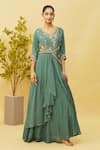 Buy_Samyukta Singhania_Blue Dola Silk Embroidered Floral V Neck Thread And Draped Gown _at_Aza_Fashions