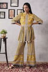 Buy_Soup by Sougat Paul_Yellow Crepe Printed And Embroidered Stripe Sarouk Peplum Kurta & Pant Set _at_Aza_Fashions