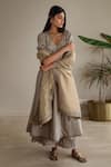 Buy_Shorshe Clothing_Grey Banarasi Jacquard Embroidery Sequin Leaf Neck Anarkali And Palazzo Set _at_Aza_Fashions