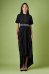 Buy_Aakaar_Black Mohair Crystals Mandarin Collar Draped Dress For Kids_at_Aza_Fashions