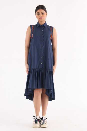 Buy_Studio Moda India_Blue Cotton Collared Asymmetric Hem Woven Shirt Dress _at_Aza_Fashions