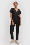 Buy_Reistor_Black Hemp V Neck Front Wrap Solid Jumpsuit  _at_Aza_Fashions