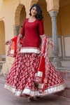 Buy_POMCHA JAIPUR_Red Kurta  Taffeta Silk Embroidery And Print Gota Patti Mirza Short Lehenga Set _at_Aza_Fashions