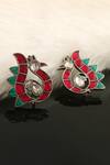 Buy_Palace Of Silver_Red Kundan Jadau Peacock Shaped Stud Earrings_at_Aza_Fashions