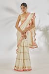 Buy_Gopi Vaid_Ivory Blouse Tussar Embroidery Thread Boat Sannah Ruffle Saree With  _at_Aza_Fashions