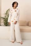 Buy_Arcvsh By Pallavi Singh_Ivory Linen Embroidery Polo Collar Floral Bloom Print Shirt With Pant _at_Aza_Fashions