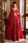 Buy_Nadine Dhody_Red Tulle Hand Embroidered Bead Illusion V Leia Lehenga And Blouse Set  _at_Aza_Fashions