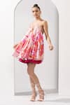 Buy_Mandira Wirk_Pink Satin Printed Abstract Plunge Short Dress_at_Aza_Fashions