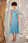 Buy_Kharakapas_Blue Linen Embroidered Running Stitches Boat When It Rains Midi Dress  _at_Aza_Fashions